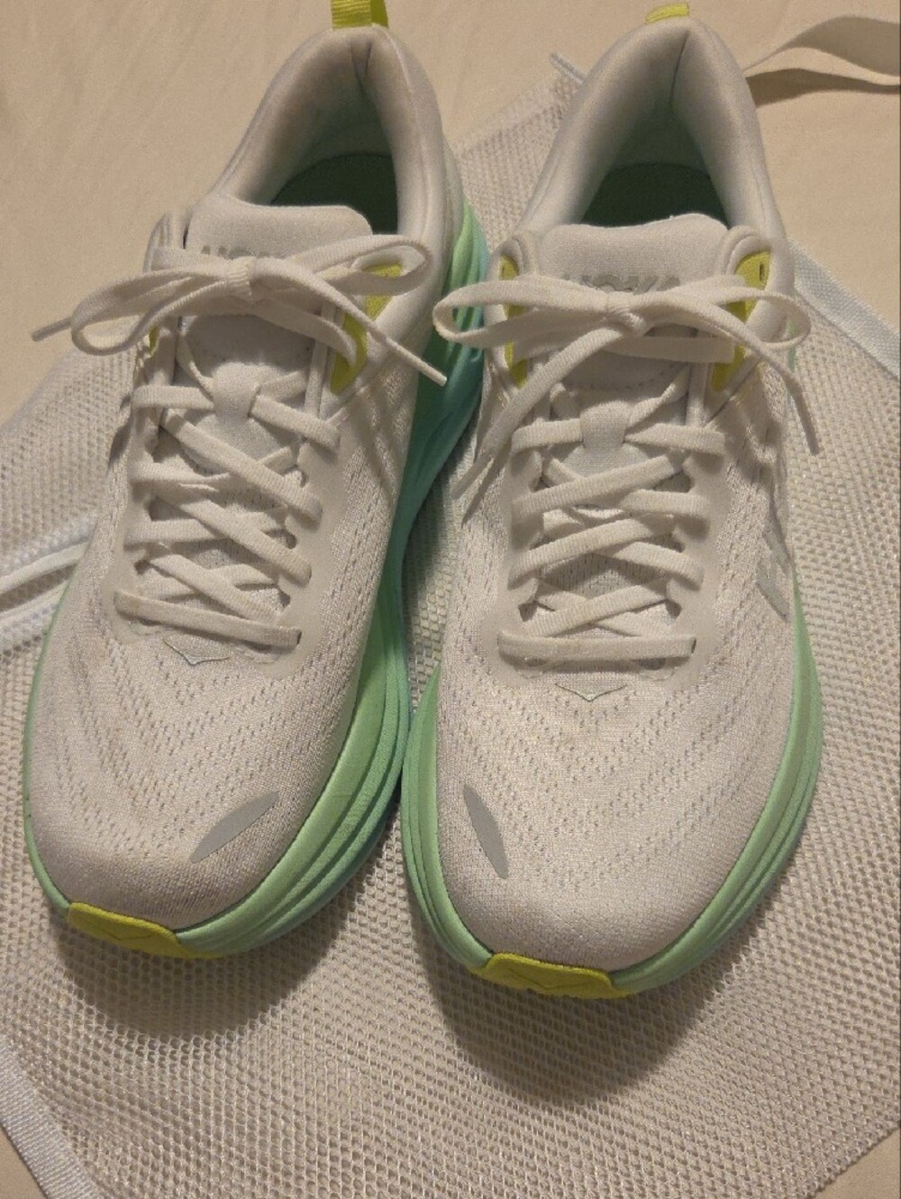 Hoka One One White Sneakers with Mint and Yellow Accents